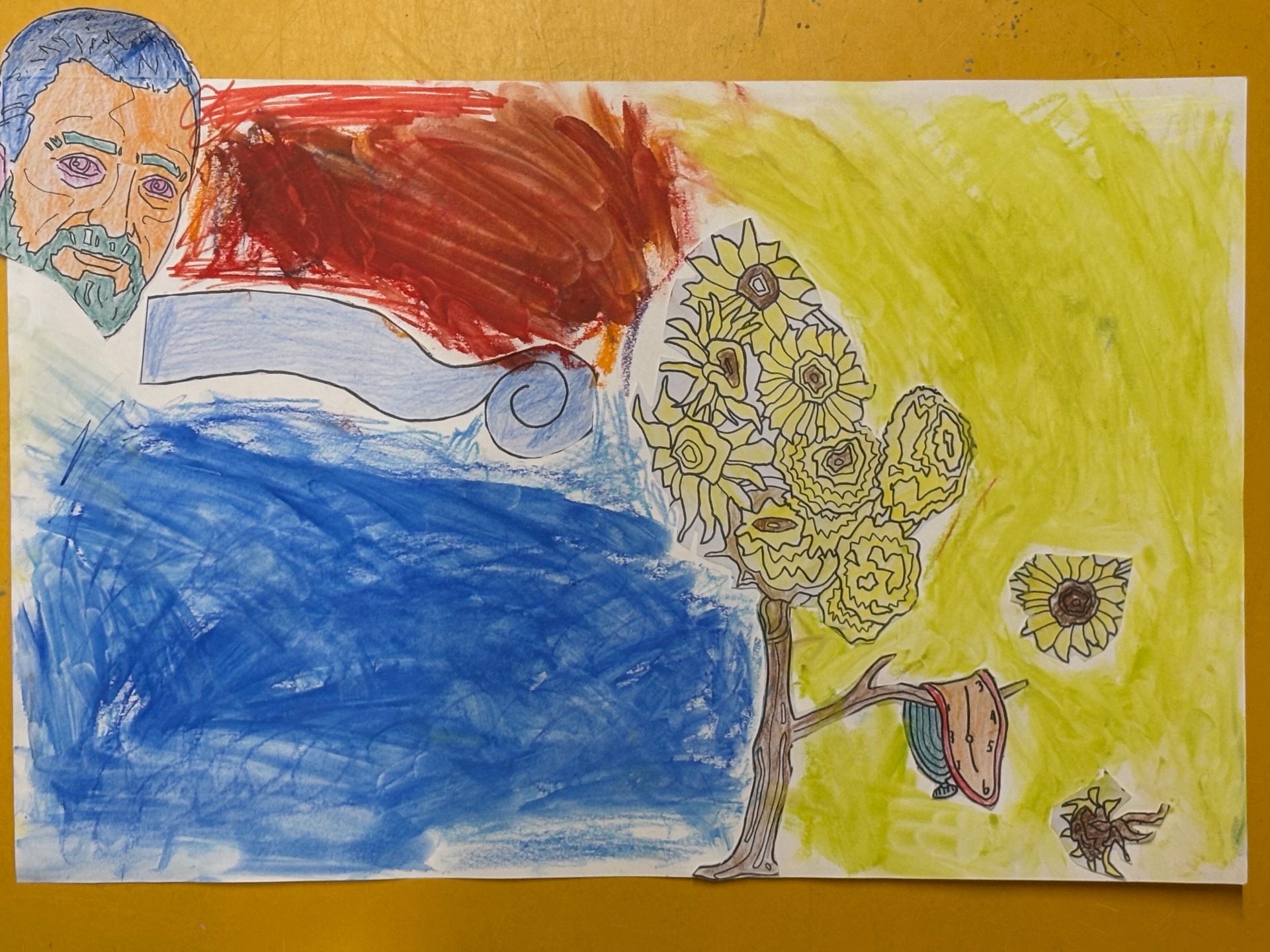 Mijn crossover-tekening met fragmenten van Dalí en Van Gogh