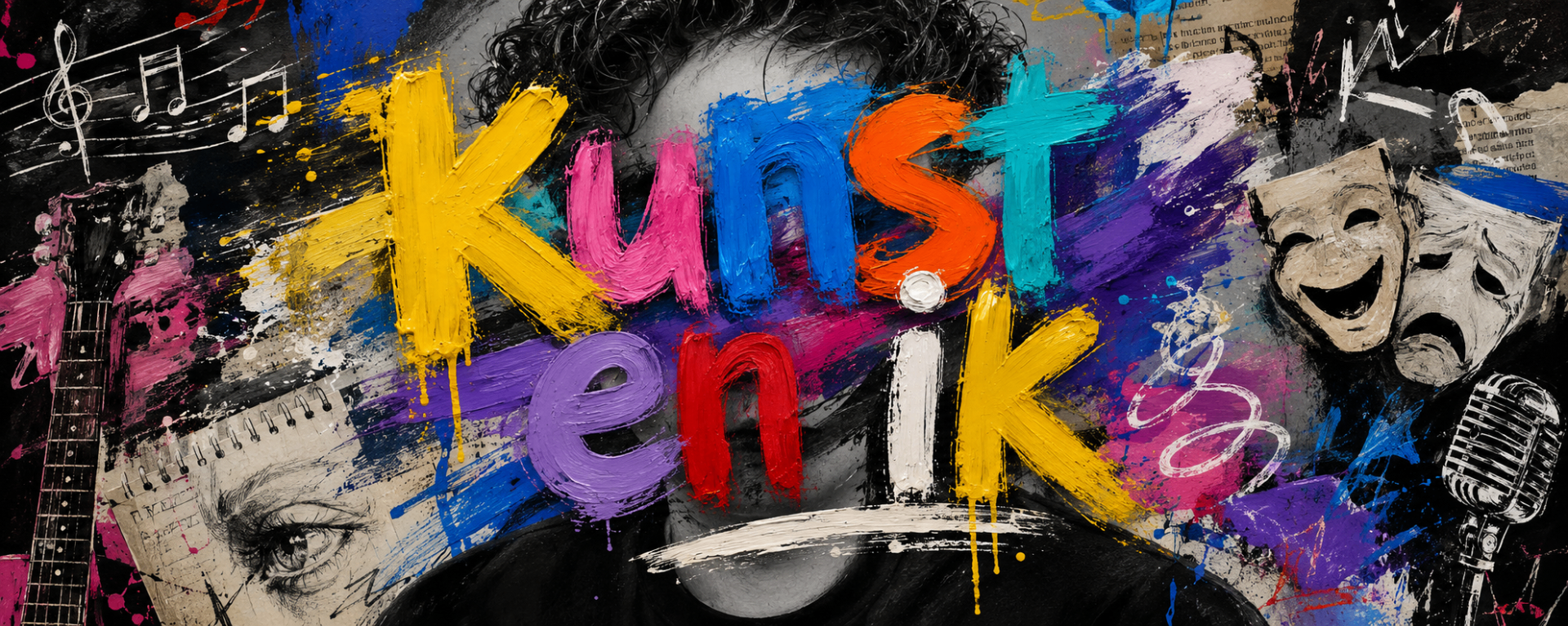 Kunst en ik — geschilderd portret met muzieknoten, theatermaskers, gitaar en microfoon