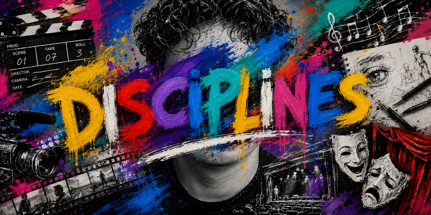 Disciplines — collage van film, dans, muziek, theater en tekenen met geschilderde letters